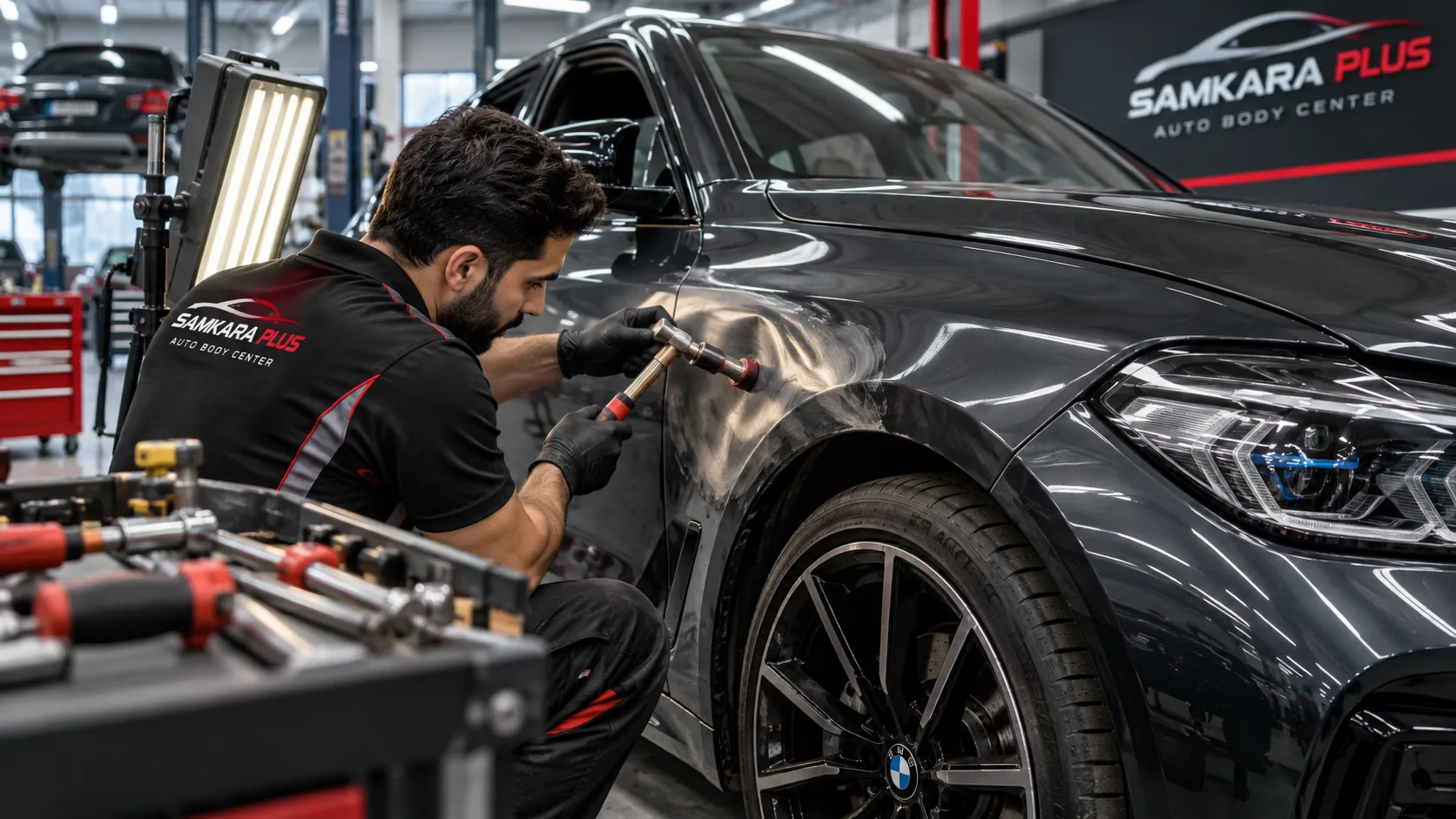 فني سمكرة يعيد تشكيل رفرف سيارة BMW داخل الورشة